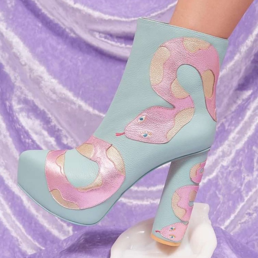 Butrich Anaconda Snake Leather Platform Boots in Blue Teal Pink